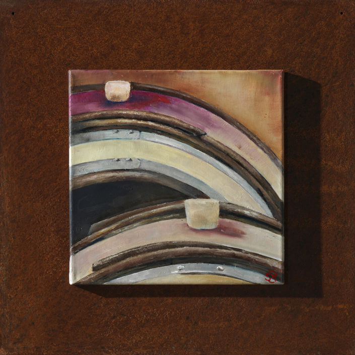 « BOUGE ET BONDE » 30 x 30 cm, support métallique rouillé 50 x 50 cm