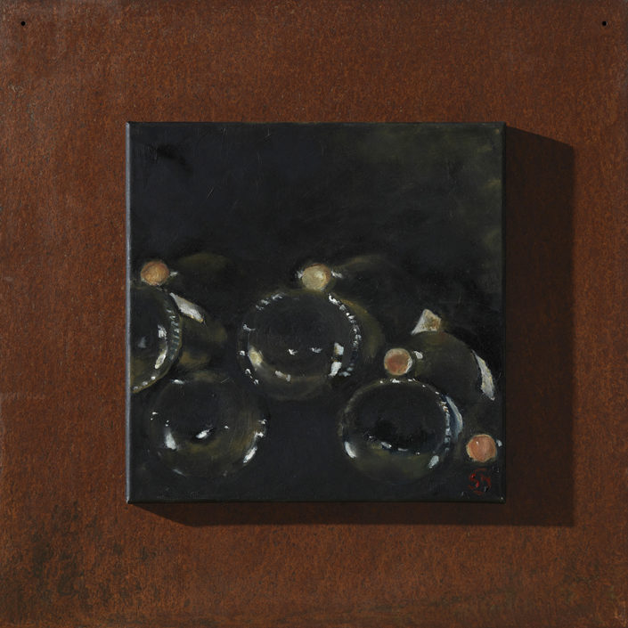 « LE SOMMEIL DES NUITS » 30 x 30 cm, support métallique rouillé 50 x 50 cm