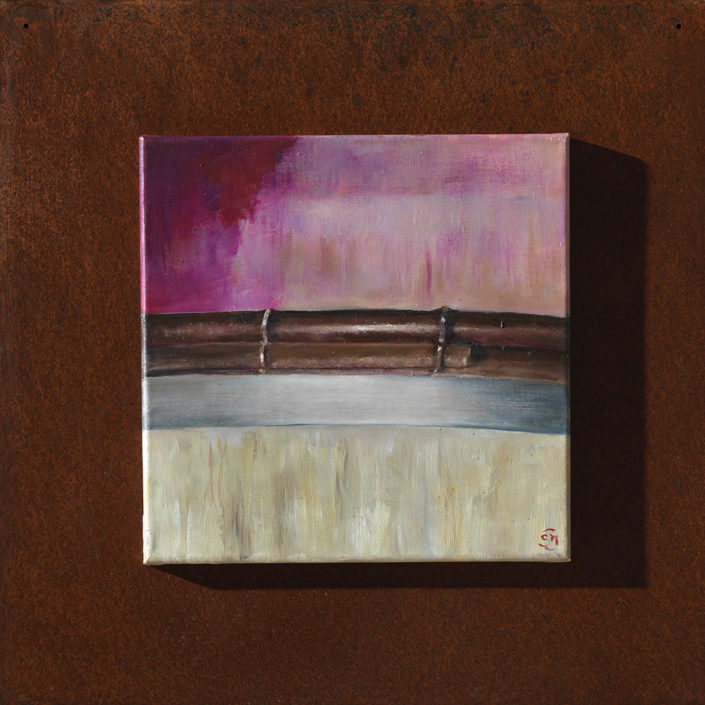 « L’ETREINTE DU CHATAIGNIER » 30 x 30 cm, support métallique rouillé 50 x 50 cm
